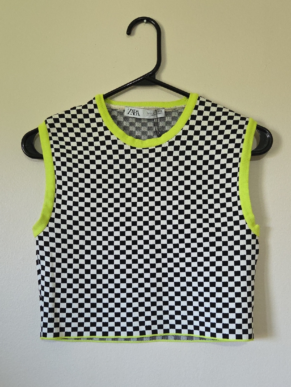 Zara Black and White Checkerboard Crop Top with Neon Yellow Trim